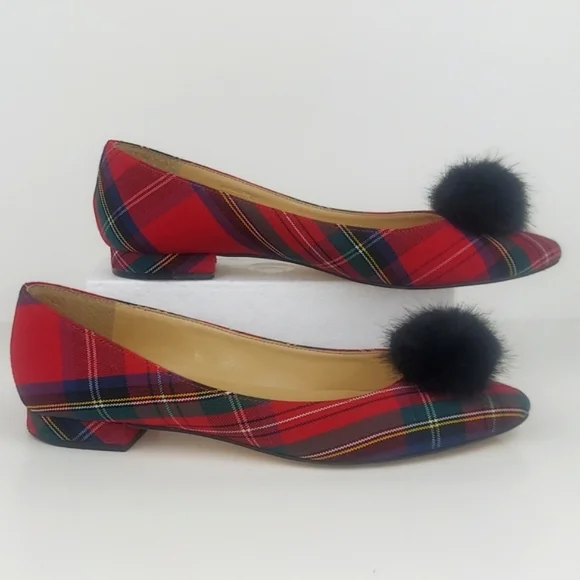 Talbots Edison Tartan Plaid Faux Fur Pom Pom Flats 8.5 - Picture 12 of 15